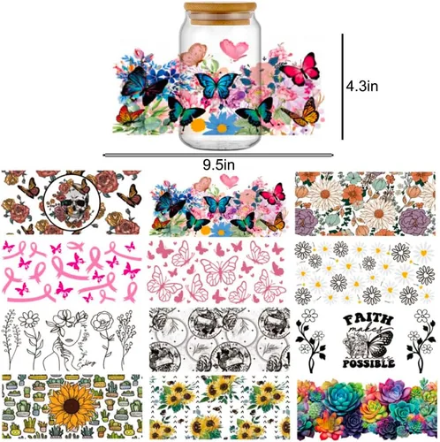 Miniatura 2 de Envoltura de taza UV DTF, 12 hojas de calcomanías de transferencia para manualidades, calcomanías impermeables para bricolaje, calcomanías de Tema