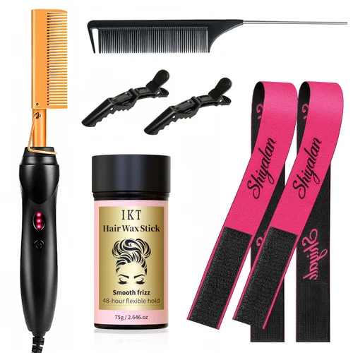 Juego de 7 peines calientes, alisador eléctrico para cabello negro, juego de peine caliente con barra de cera para peluca, banda de encaje, peine de