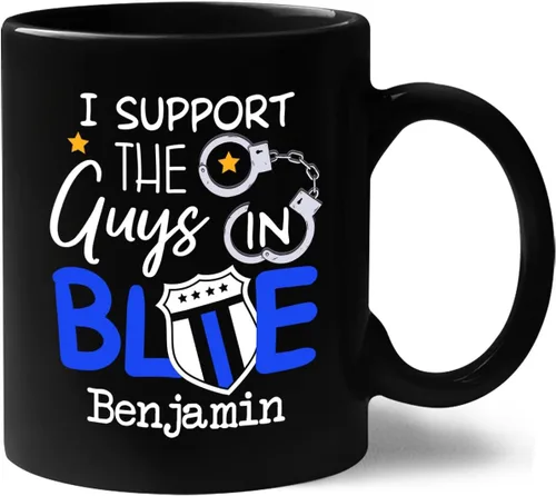 Miniatura 9 de Taza de café personalizada con nombre de la policía con nombre de la policía, con línea azul fina, 11 onzas y 15 onzas Taza negra de la bandera