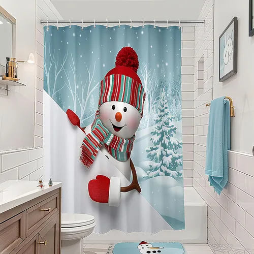 Miniatura 4 de BROSHAN Cortina de ducha de Navidad para niños, 72 x 78 pulgadas, juego de cortina de ducha de Navidad de tela con bonito patrón de muñeco de nieve