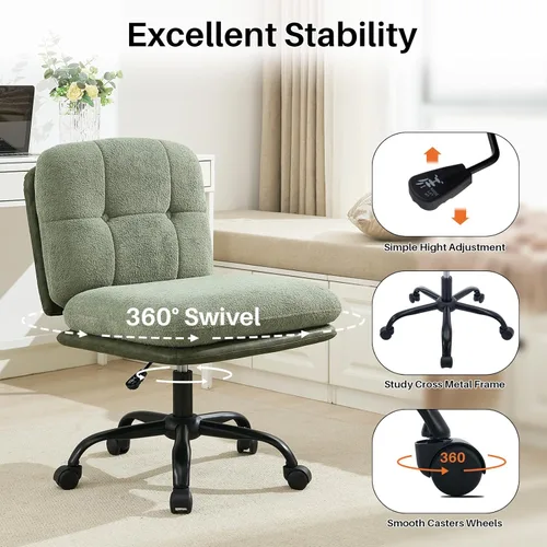 Miniatura 6 de SOFTHION Juego de 2 sillas de escritorio de oficina sin brazos con ruedas, asiento ancho, giratorio, de altura ajustable, cómoda silla cruzada