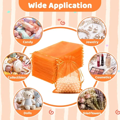 Miniatura 7 de FUNFERY 100 bolsas de organza naranja de 4 x 6 pulgadas, pequeñas bolsas de regalo con cordón de malla para bolsitas, joyas, dulces, recuerdo