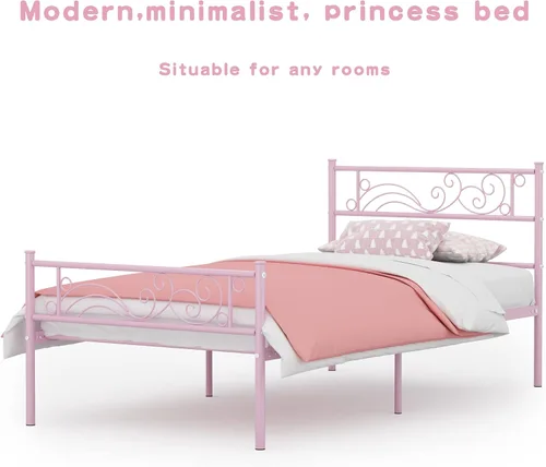 Miniatura 7 de Weehom Marco de cama de metal individual con almacenamiento, no necesita somier, listones de acero resistentes para niños, niñas, adolescentes, Rosa