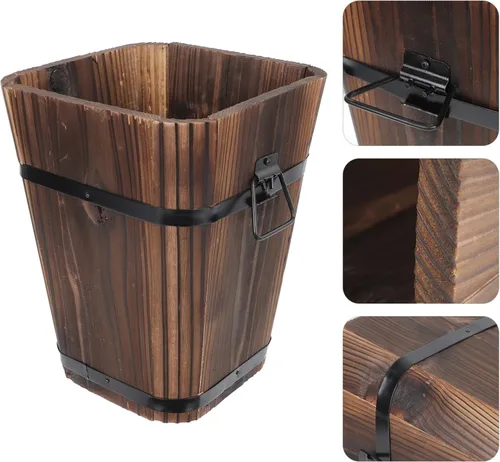 Miniatura 4 de Happyyami Maceta de barril de whisky, maceta de barril de madera, cubo de madera, maceta de jardín, soporte para flores, maceta decorativa rústica