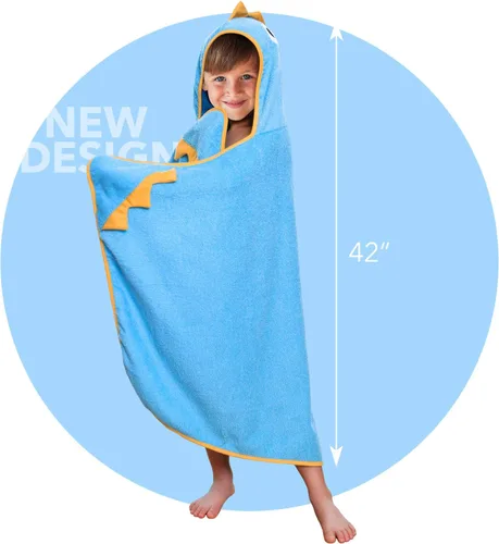 Toalla con capucha prémium para niños, diseño de dinosaurio azul y amarillo para niños, ultra suave y extragrande, tela de toalla 100% de algodón,