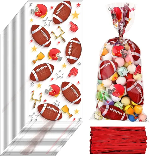 Outus 100 bolsas de golosinas para fiesta de béisbol, dulces, celofán, bolsas deportivas con 150 lazos rojos para recuerdos de fiesta (rugby)