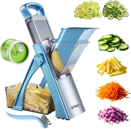 QYKIC Recorte de mandolina seguro mejorado para cocina, picador de verduras y cortador de alimentos, ajustador de grosor para cortador de patatas,