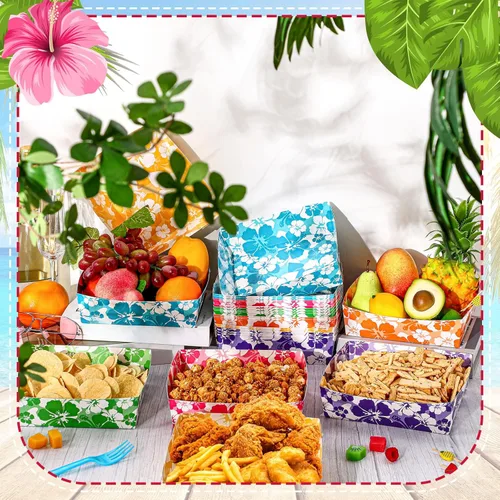 Miniatura 2 de Nitial 24 bandejas de papel de hibisco para fiestas, desechables, barcos de comida para fiestas, decoraciones temáticas hawaianas de 5 libras