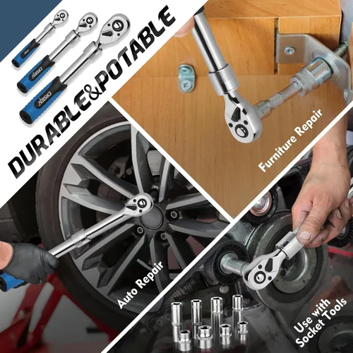 Miniatura 3 de DISEN Juego de 3 Llaves de Trinquete Extensibles, Impulso de 1/4" 3/8" 1/2", 72 Dientes, Liberación Rápida, Llaves de Vaso con Impulso Reversible