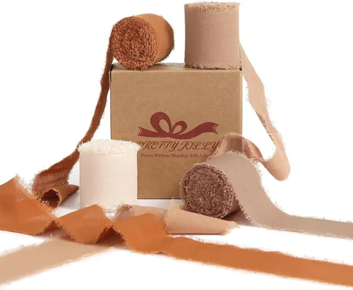 Miniatura 9 de Pretty Jolly Cinta de gasa beige para envolver regalos, 3 rollos de 2 pulgadas x 7 yardas, cinta de tela de seda hecha a mano con flecos para ramo