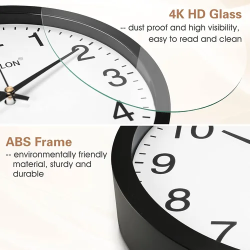Miniatura 5 de WISKALON Reloj de pared elegante con marco negro silencioso de 10 pulgadas, reloj de pared digital clásico con cristal, funciona con pilas, fácil