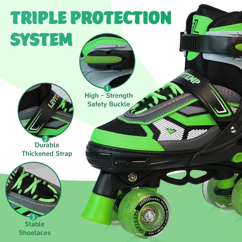 Miniatura 4 de Patines de ruedas para niños y niñas, patines cuádruples ajustables de 4 tallas con todas las ruedas iluminadas para principiantes, deportes de Verde