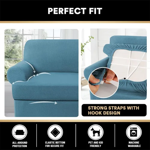 Miniatura 4 de PrinceDeco Funda de Sofá con Cojín en Forma de T de 4 Piezas, Fundas de Sofá para Sillón, Funda de Sillón Suave con 3 Fundas Individuales de Asiento