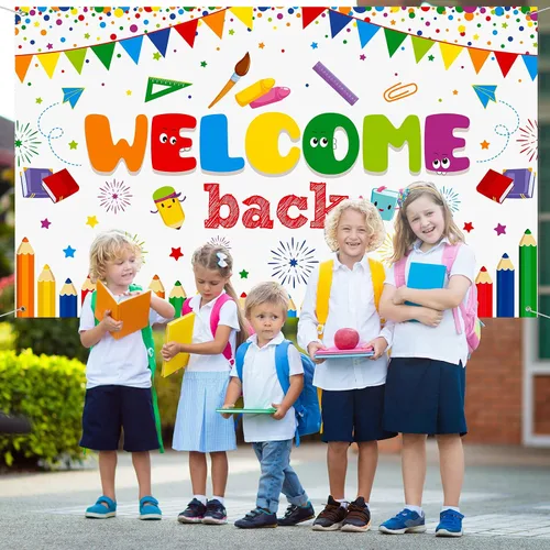 Miniatura 7 de Tatuo Cartel de bienvenida de vuelta a la escuela, cartel grande de tela para el primer día de escuela, cartel de bienvenida, tablón de anuncios