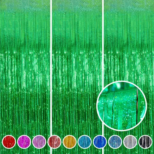 Cortinas de flecos de aluminio para decoraciones navideñas - Melsan, paquete de 3, 3.2 x 8.2 pies, cortinas de oropel verde para fondo de fotos de
