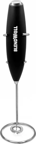 BlendWell Espumador de leche eléctrico para matcha y café, mezclador de bebidas de mano con batería, con soporte, batidor de acero inoxidable, negro