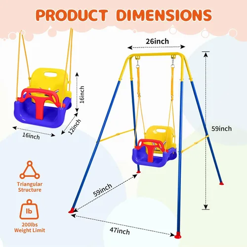 Miniatura 2 de Juego de columpios 3 en 1 para niños pequeños, juego de columpios para bebés con soporte plegable de metal para jugar al aire libre/interior, diseño
