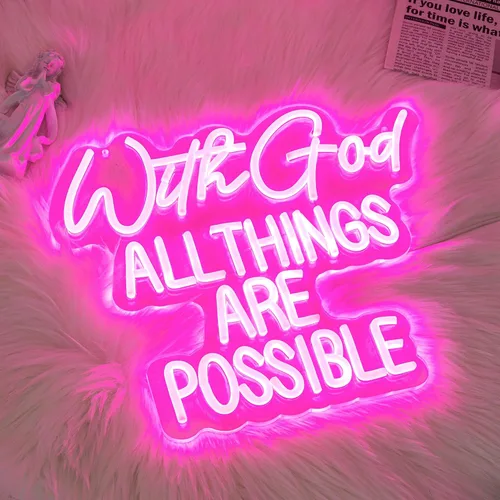 Miniatura 5 de Letrero de neón con texto en inglés "With God All Things Are Possible" para decoración de pared, letrero de neón LED rosa, luz de neón regulable