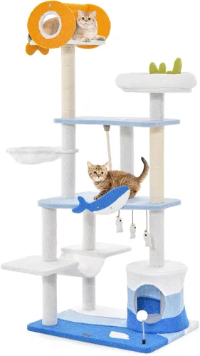 Tangkula Árbol para gatos con temática oceánica, torre para gatos de 3 niveles con postes rascadores de sisal, condominio, perca, hamaca, juguetes