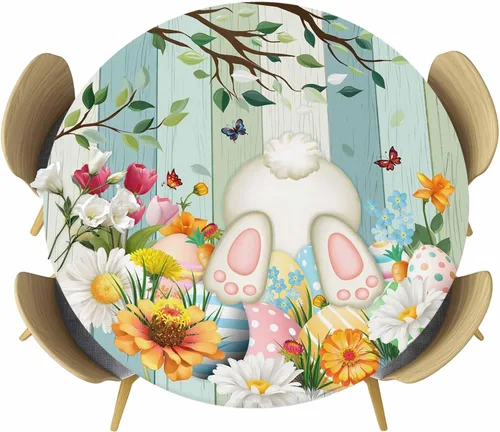 Miniatura 9 de Mantel Ajustable con Cola de Conejo de Pascua para Mesa Redonda, Cubierta de Mesa de Tulipán y Huevo de Primavera con Borde Elástico Impermeable