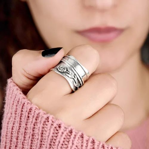 Miniatura 4 de Boho-Magic Anillo giratorio de plata de ley 925 para mujer, diseño de flor rosa, alivio de la ansiedad, banda ancha