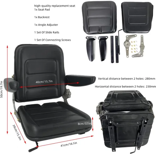 Miniatura 5 de Asiento universal de tractor de PVC, asiento de cortacésped ajustable, asiento plegable que incluye reposabrazos e interruptor de asiento, 15.4 x 15