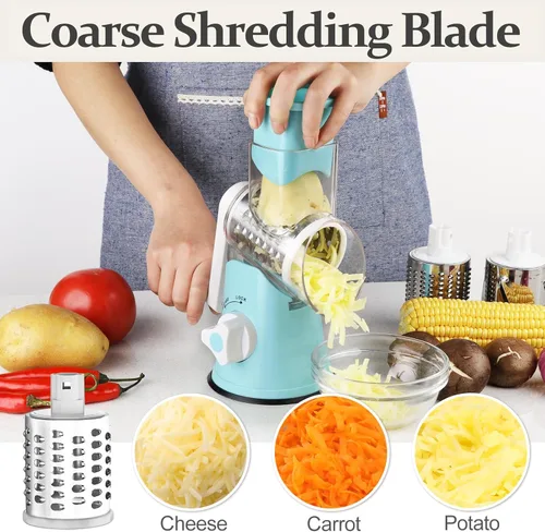 Miniatura 3 de Cambom Rallador giratorio de queso, triturador de queso de manivela para queso fresco, verduras, nueces, base de succión antideslizante, cinco Azul