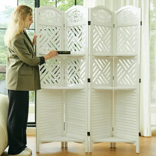 Miniatura 17 de Divisores de habitación, pantalla plegable de privacidad de madera de 67 x 51 pulgadas con tres estantes de exhibición, adecuado para oficina