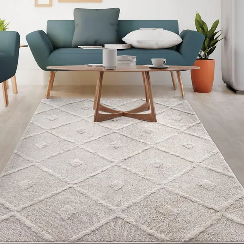 Miniatura 16 de Antep Rugs Palafito 5x7 Alfombra de Área Interior Geométrica Shag Diamante de Pelo Alto-Bajo Texturizada (Blanco, 5'3" x 7'6")