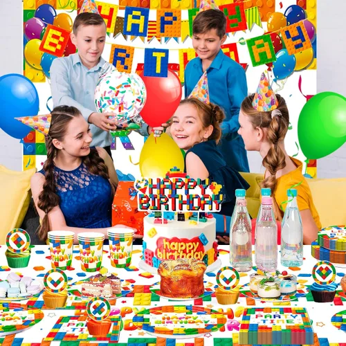 Miniatura 2 de Bloques de construcción, suministros para fiesta de cumpleaños, 10 invitados, bloques de construcción, bloques de construcción, platos de fiesta
