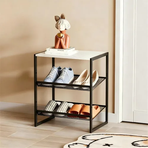 Miniatura 11 de Garden 4 you Zapatero estrecho de 3 niveles para armario, zapatero pequeño con mesa de madera marrón, estante de zapatos de metal ajustable