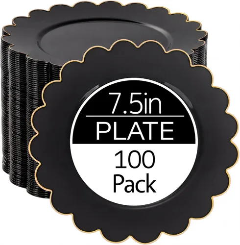 Miniatura 10 de LIYH - 100 platos de plástico azul, bordes festoneados de 7.5 pulgadas, platos desechables para postre/ensalada, color azul con borde dorado, platos