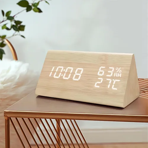 Miniatura 6 de Reloj despertador digital, LED electrónico de madera, pantalla de fecha de hora, detección de temperatura y humedad, 3 ajustes de alarma, brillo