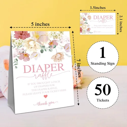 Miniatura 2 de Juego de rifas de pañales florales para baby shower, flores de acuarela, 1 letrero de pie y 50 boletos de raftel de pañales, anuncio de bebé