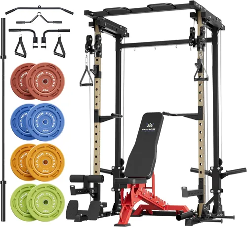 Miniatura 9 de MAJOR FITNESS Drone3 Power Rack, banco de sentadillas para gimnasio en casa de 2500lbs multifunción con sistema de polea doble, barra de tracción