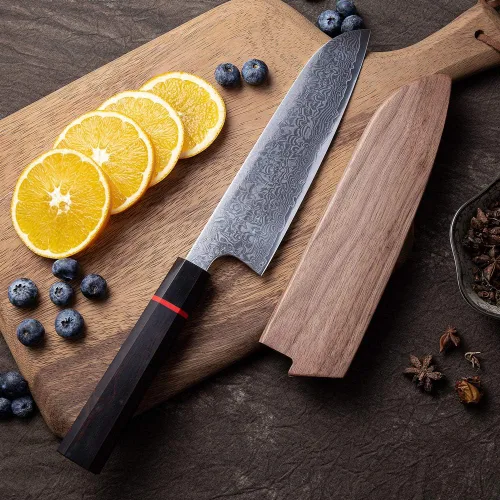 Miniatura 4 de Cuchillo Santoku de cocina, acero de damasco, cuchillo de cocina japonés, mango de madera octogonal hecho a mano, funda de madera y caja de regalo