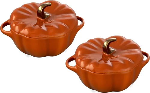 Miniatura 18 de STAUB Calabaza Pequeña de Cerámica de 0.75 cuartos, Segura para Horno y Estufa hasta 572°F, Plato de Calabaza, Horneado Color Naranja Caramelo