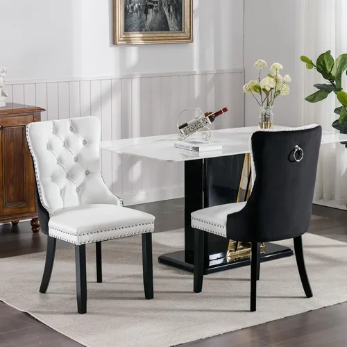 Miniatura 36 de Juego de 2 sillas de comedor de terciopelo, sillas decorativas tapizadas con botón acolchonado, ribete de cabeza de clavo y tirador de anillo Naranja