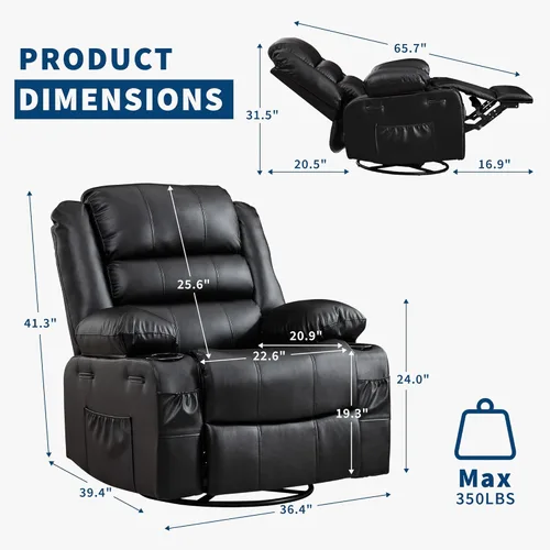 Miniatura 3 de Silla reclinable mecedora para adultos, giratoria de 360°, con portavasos y asiento profundo tapizado, de piel sintética, cómodo sofá individual