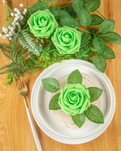 Miniatura 2 de DuHouse 25 rosas artificiales con tallos, flores de espuma de tacto real para bricolaje, ramo de boda, fiesta, centro de mesa, arreglo floral, Verde
