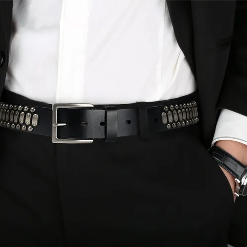 Miniatura 5 de FIORETTO - Cinturones de piel de vacuno italianos con tachuelas para hombre con hebilla para hombre color negro