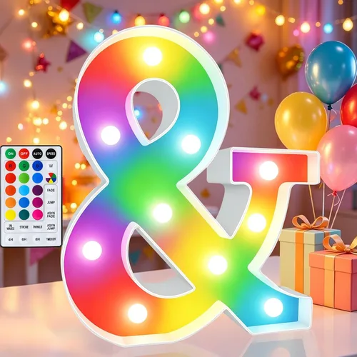 Letras con luces LED de marquesina iluminadas, letras del alfabeto que cambian de 18 colores con temporizador remoto para luz nocturna, dormitorio,