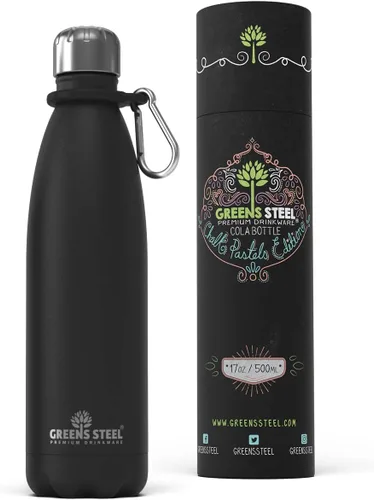 Greens Steel Botella de agua de acero inoxidable, 17 onzas, color negro, doble pared aislada al vacío con tapa de rosca y a prueba de fugas, termo