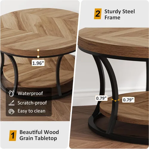 Miniatura 5 de Mesa de centro redonda para sala de estar, mesa de centro circular de 2 niveles con almacenamiento, mesa central decorativa de diseño moderno, grano