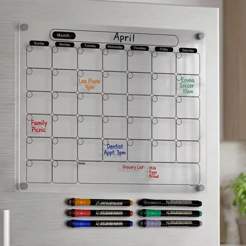 Miniatura 8 de Calendario magnético acrílico de borrado en seco para refrigerador, pizarra blanca transparente en blanco, planificador borrable de 16 x 12 pulgadas