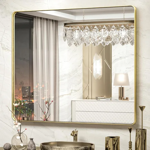 Miniatura 46 de TokeShimi Espejo redondo dorado de 36 pulgadas, espejo redondo de baño para pared con aleación de aluminio antioxidante, marco de metal dorado Oro