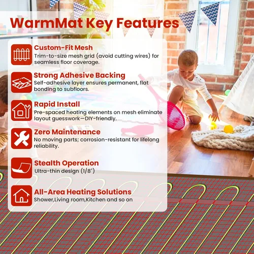 Miniatura 5 de Alfombra HEATIT Warmmat de 10 pies cuadrados, sistema de calefacción de calor radiante eléctrico autoadhesivo para piso & Termostato ET-72 & Monitor