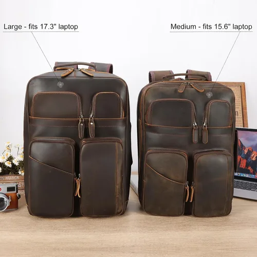 Miniatura 9 de TIDING Mochila para portátil de cuero de grano completo de 17.3 pulgadas para hombres, multibolsillos, casual, mochila de viaje de negocios, Marrón
