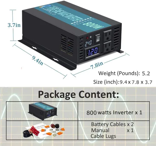 Miniatura 6 de WZRELB Inversor de onda sinusoidal pura de corriente alterna para uso fuera de la red de 800W 24Vdc a 120Vac 60Hz, convertidor de potencia con tomas