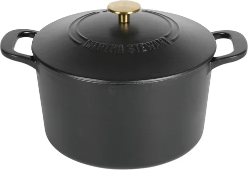 MARTHA STEWART Gatwick - Olla holandesa de hierro fundido esmaltado de 7 cuartos de galón con tapa, color negro mate, olla holandesa duradera de